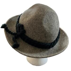 German Alpine Hiking Hat 100% Wool Gray Navy Blue Ribbon 57 cm